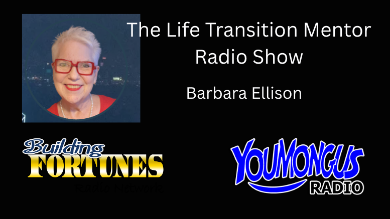 A professional headshot of Barbara Ellison, a smiling woman with short, dark hair, wearing a dark blazer against a neutral background. The image accompanies a post describing her as a Speaker, Author, Show Host, Certified Dream Coach, Life Transition Mentor, and Founder of Wellness Playroom, dedicated to helping mid to late career professionals find purpose and happiness in retirement. On Building Fortunes Radio with Peter Mingils